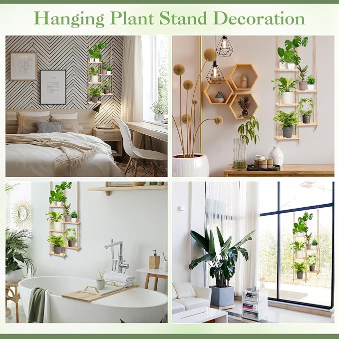 Novabright Window Hanging Plant Shelf with Wooden Shelves Macrame Rope Hanging Plant Stand with 3 S Hooks for Indoor Outdoor Bedroom Window Sill Balcony Boho Decor (Natural Wood Color,1 Pcs)