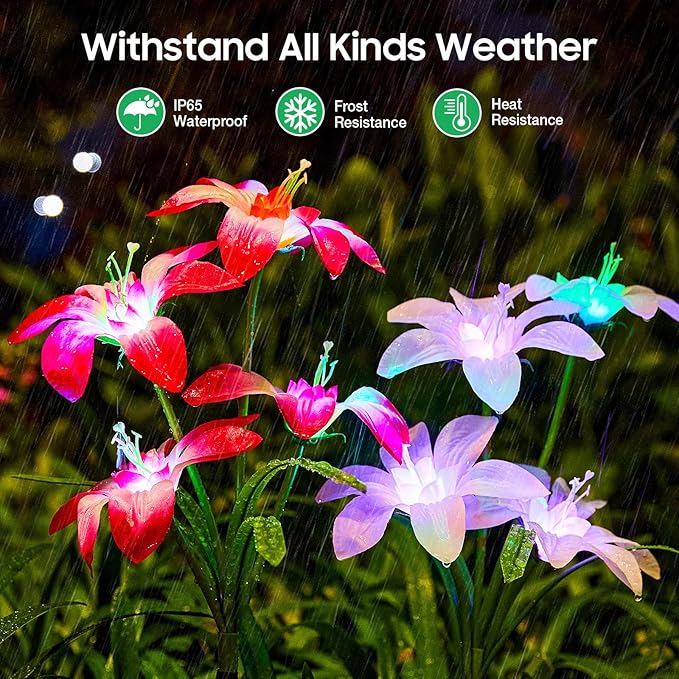 Solar Garden Lights Outdoor, 6 Pack Blooming Lily Solar Flowers Outdoor Waterproof, 7 Color Changing Bigger Flower Lights for Yard Patio Outside Decorative Mom Gift