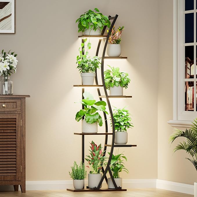 62“ Plant Stand Indoor with Grow Lights - 7 Tiered Tall Metal Plant Shelf - Corner Wooden Plant Stand for Indoor Plants Multiple, Large S-Shape Flower Rack Holder for Living Room, Garden, Patio Decor