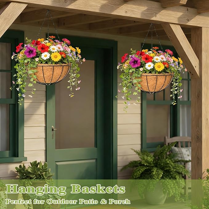 4 Pack 12 Inch Hanging Baskets for Plants Outdoor Metal Hanging Planter Hanging Flower Baskets with Coco Fiber Liners Chain Round Wire Plant Holder Hangings Flower Pots(Watermelon)