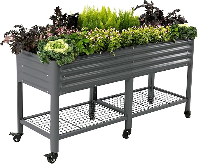 Rolling Elevated Raised Garden Bed-V Series, 2' x 6' Garden Beds with Legs & Storage Rack for Patio & Porch, 1000 Lbs Weight Capacity, Outdoor Planter Box for Vegetables Flower Herbs, Modern Gray