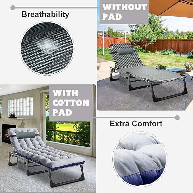 ABORON 2PK Heavy Duty Tanning Chair, 5-Gear Outdoor Folding Chaise Lounge Chair with Cushion,Portable Beach Lounge Chair for Outdoor Sunbathing Patio Pool Lawn Deck Poolside