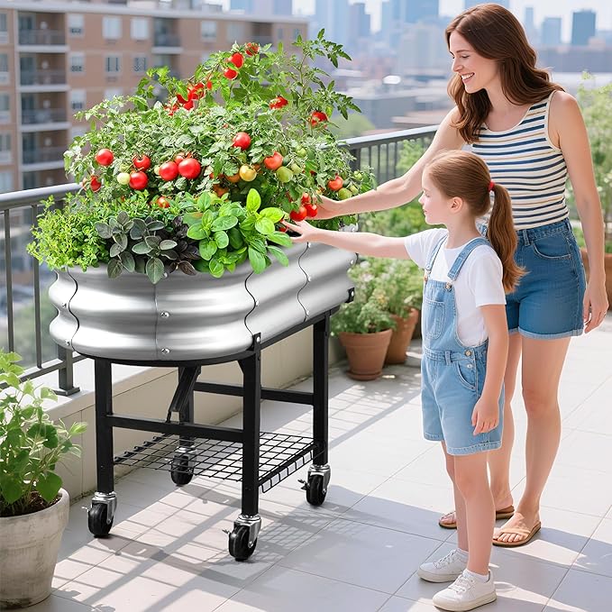 Raised Garden Bed with Legs and Heavy Duty Wheels, Self-Watering Planter Box, Easy-Install Foldable Stand, Galvanized Metal Elevated Wicking Bed with Liner for Indoor Outdoor Gardening