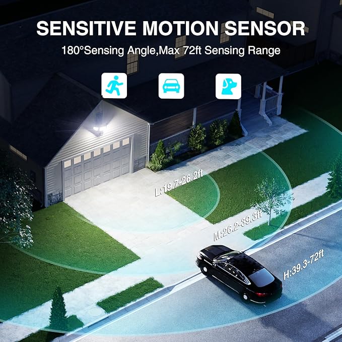 85W Motion Sensor Outdoor Light, 8500LM Ultra-Bright LED Security Light with 3 Adjustable Heads, IP65 Waterproof Dusk to Dawn Flood Light for Garage, Yard, and Driveway, 6500K Daylight, Black