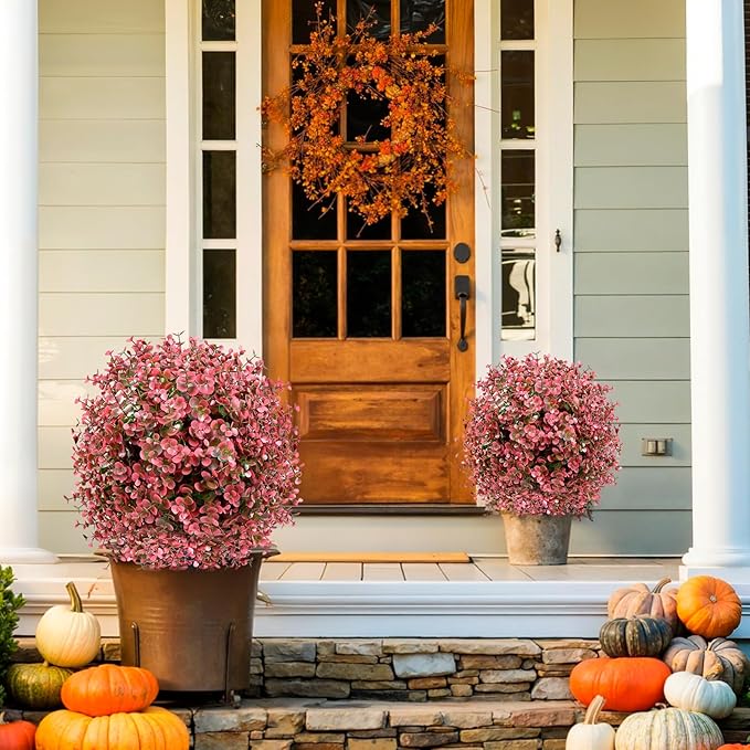Artificial Topiary Bushes for Outdoors with Spike, Boxwood Ball Fake Shrubs UV Resistant Faux Plants for Indoor Outdoor Fall Thanksgiving Halloween Decor (Red Eucalyptus)