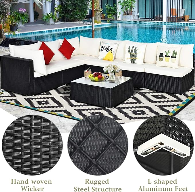 Tangkula 7-Piece Patio Furniture Set, Outdoor Sectional Sofa w/Pillows & Cushions, Wicker Conversation Set with Coffee Table & Tea Table for Garden & Lawn (Beige)