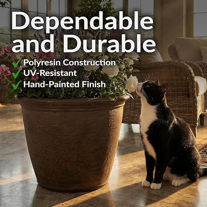 Sunnydaze 20-Inch Anjelica Large Plastic Pot for Plants - Outdoor Double-Walled Large Plastic Planter with Drillable Drainage Holes - Sable