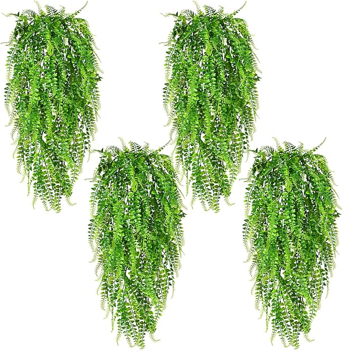 Waipfaru 4Pcs Fake Ferns Fake Hanging Plants Artificial Ferns for Outdoors，UV Resistant Plastic Fake Plants for Indoor Wall Porch Wedding Party Holiday Decor
