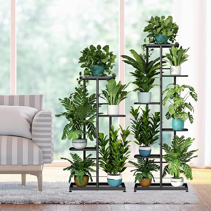 LINZINAR Plant Stand Indoor Outdoor Metal 6 Tier 7 Potted Multiple Flower Pot Holder Shelf Planter Display Shelving Unit for Patio Garden Corner Balcony Living Room (6 Tier 7 Potted, Dark Grey)
