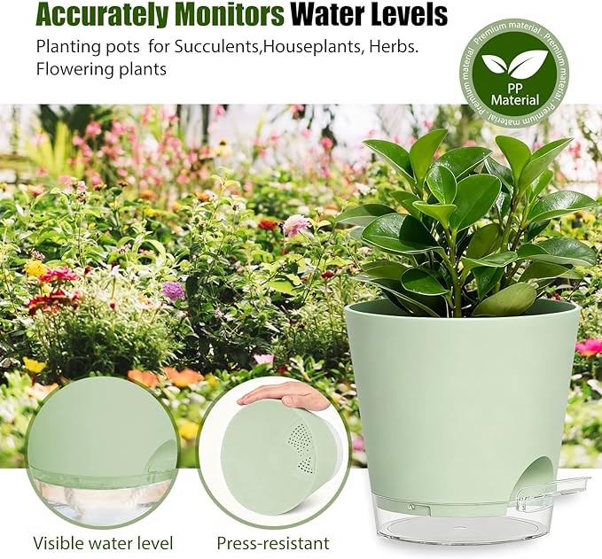 Plant Pots 5 Inch Self Watering Pots,6 Pack Plastic Planters with Drainage Holes and Clear Saucers,Plastic Flower Pots,Nursery Planting Pot for Indoor Out Door Plants (Green)