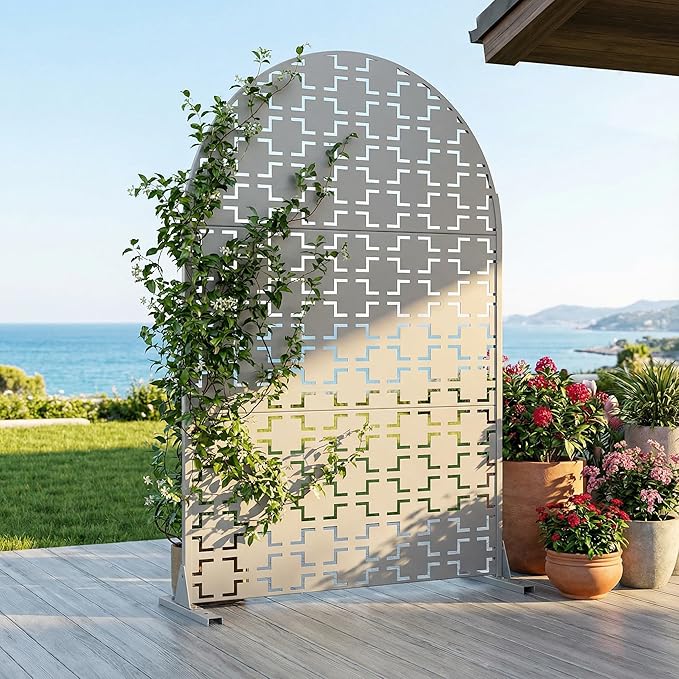 Casaphoria 72" H x 47" W Arched Metal Privacy Screen - Elegant Freestanding Outdoor Screen for Deck, Patio & Balcony - Versatile Decorative Privacy Panels for Home & Garden Use (Grey-Square)