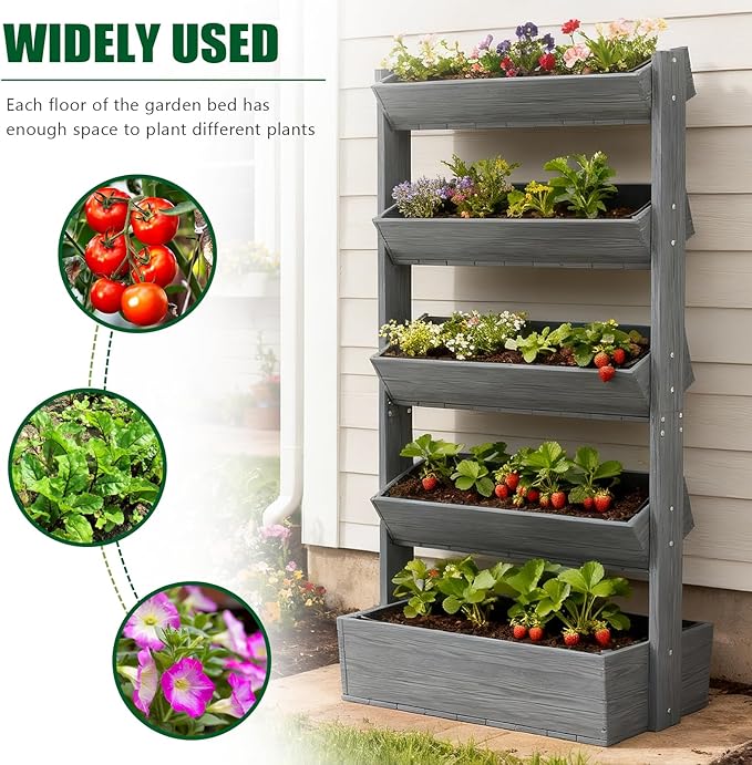 SUNYRISY 5 Tiers Vertical Raised Garden Bed Outdoor Planter Tower, Wooden Freestanding Planter Box for Planting Herbs Flowers Vegetables Patio Balcony Indoor Outdoor Gardening, Grey