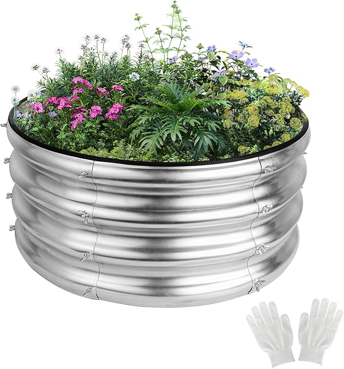 2x2x1ft Round Galvanized Raised Garden Bed Kits, Raised Garden Bed Metal Planter Outdoor Easy Assembly Garden Bed for Planting Vegetables, Fruits & Flowers, Sliver