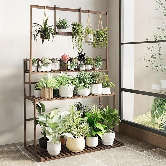 COPREE Bamboo 3-tier Hanging Plant Stand Ladder Planter Shelves Flower Pot Organizer Rack Display Shelving Plants Shelf Unit Holder