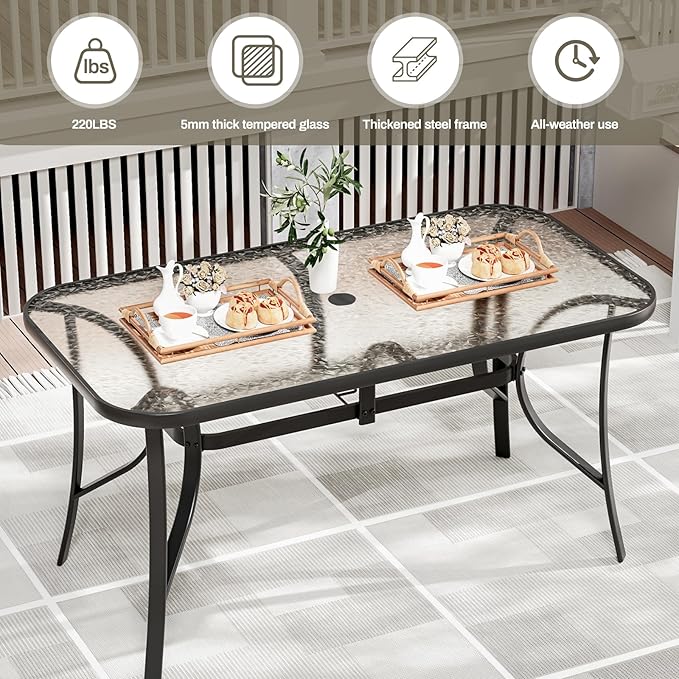 TLSUNNY Patio Outdoor Table W/ 1.69″ Umbrella Hole, 30"X 55" Rectangular Tempered Glass Patio Dining Table for 6, Outdoor Metal Furniture, All-Weather Use, for Patio, Graden, Backyard (Black)