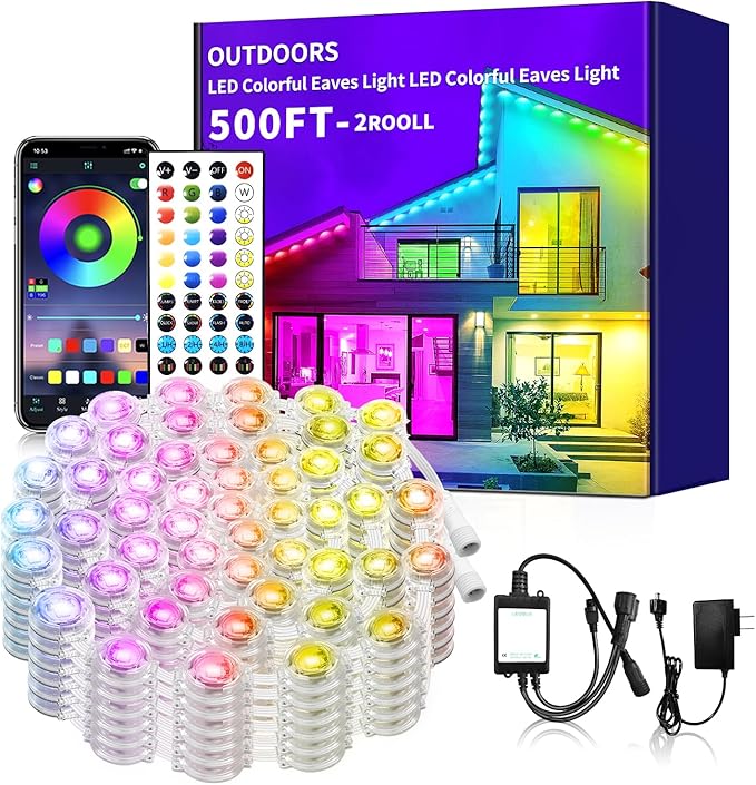 500ft permanent outdoor light, RGB outdoor eave lights with APP & Remote Control,Music synchronisation IP67 waterproof LED eave light,suitable for party, daily,Halloween,Christmas,rooftop,garden,patio