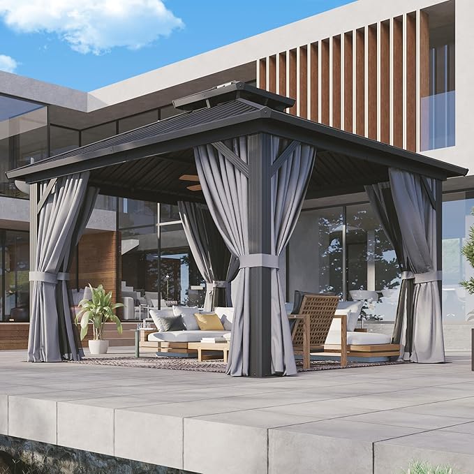 Aoxun 12'x12' Hardtop Gazebo, Aluminum Frame Canopy with Double Galvanized Steel Roof, Outdoor Metal Pavilion with Netting, Curtains for Backyard, Patio and Deck