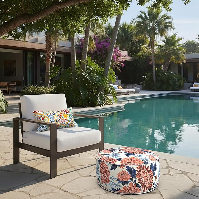 LVTXIII Indoor/Outdoor Inflatable Ottoman with Handle D21 x H9 Inch, Weather-Resistant Round Footstool Pouf for Patio Camping Living Room, Portable Footrest Extra Seating, Vibrant Blossom