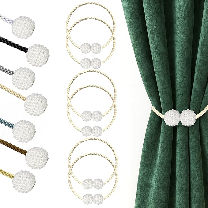 Hion Magnetic Curtain Tiebacks Beige 6 Pack, Curtain Tiebacks Buckles Holdbacks Holders Hooks Clip for Home Bedroom Office Decorative Thick or Thin Curtain