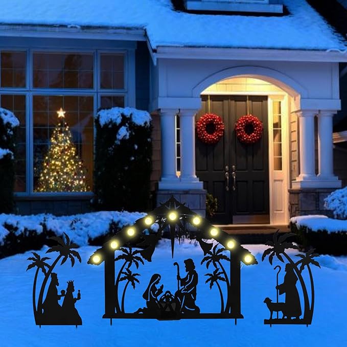 3Pack Lighted Metal Nativity Scene Garden Stake,Solar Christmas Decorations Outdoor,Silhouette Nativity Set Outside for Yard Decor