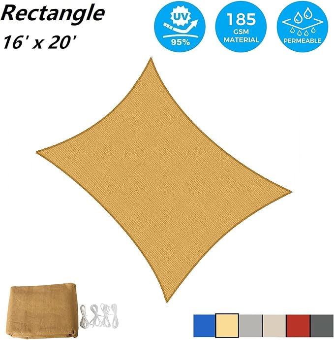 AsterOutdoor Sun Shade Sail Rectangle 16' x 20' UV Block Canopy for Patio Backyard Lawn Garden Outdoor Activities, Sand