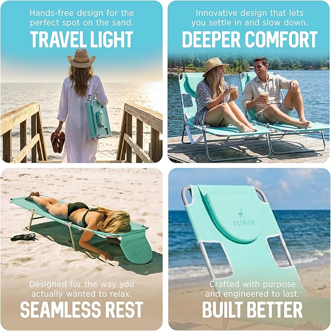 Ostrich 4-Position Outdoor Chaise Lounge w/Face Cushion & Arm Holes, Teal - Lightweight Folding Lounger w/Adjustable Reclining Backrest, Portable w/Carry Strap, 250 lb Weight Capacity