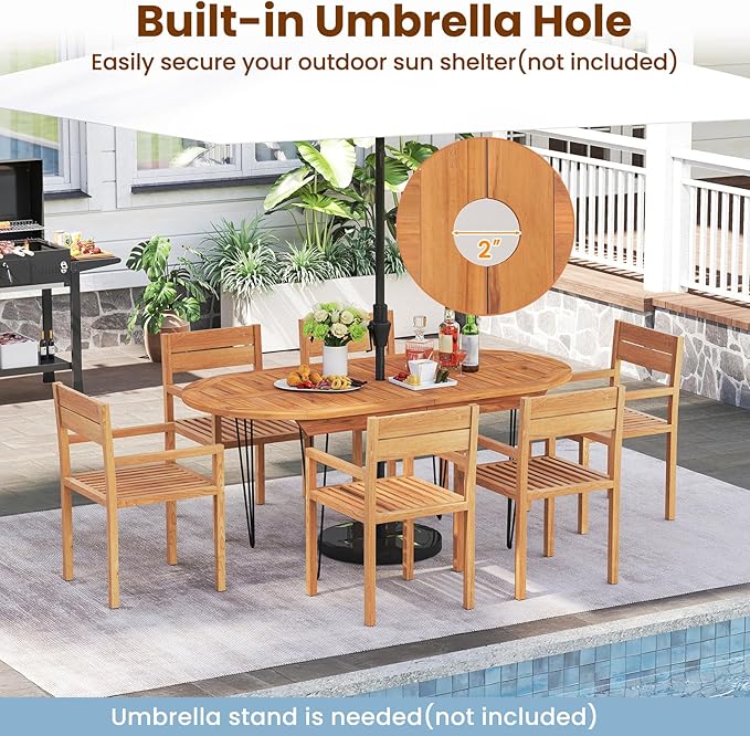 Tangkula 71" Outdoor Dining Table for 6, Oval Teak Wood 6 Person Patio Table with 2" Umbrella Hole, Metal Legs, Safety Locks and Wood Tabletop, Outside Table for Garden, Poolside & Backyard