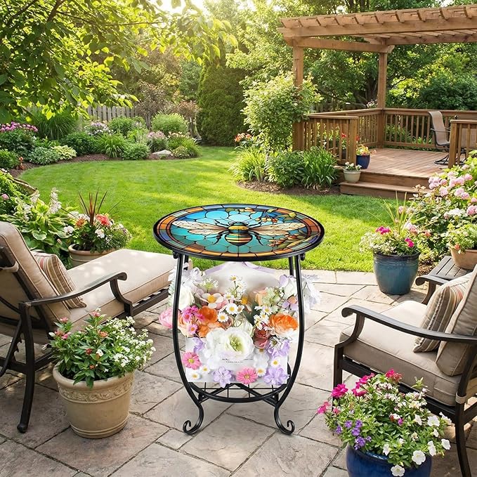 Outdoor Side Table Round Small Mosaic Patio Accent Indoor End Plant Coffee Tea Table for Yard Patio Porch Garden Living Room, Bedroom(Bee Style,14 Inch)