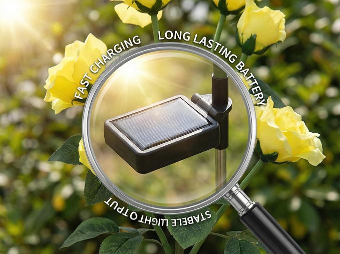 Solar Rose Lights Outdoor,2 Pack Waterproof Color Changing LED Flower Lights, with 12 LED Flowers, Solar Powered Garden Stakes for Yard, Patio, Artificial Floral Decorative Lighting, Yellow