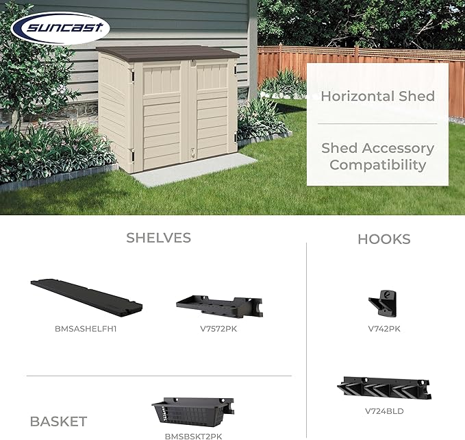 Suncast 34 Cu Ft Horizontal Resin Plastic Storage Shed - Outdoor Storage Shed with Floor Included, Lockable, Weatherproof, Fits Small to Medium Trash Cans, Generators, & Garden Tools, Vanilla Stoney