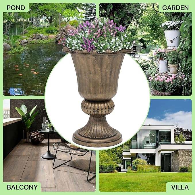 Magshion 20" Urn Planters for Outdoor Plants, Large Decorative Front Porch Planters Set of 2, Weatherproof Tall Plastic Flower Pots for Garden, Patio & Entryway Décor, Antique Brass