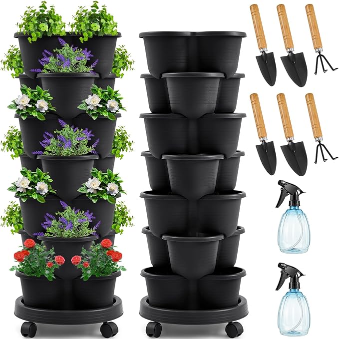 Umigy 2 Set Black 7 Tier Stackable Vertical Planters with Removable Wheels and Tools Tower Planters Strawberry Herb Flower Vegetable Pots Indoor Outdoor Gardening Pots