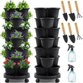 Umigy 2 Set Black 7 Tier Stackable Vertical Planters with Removable Wheels and Tools Tower Planters Strawberry Herb Flower Vegetable Pots Indoor Outdoor Gardening Pots