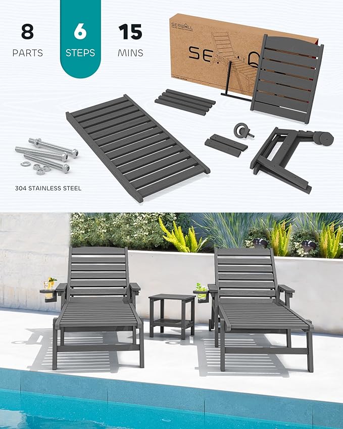 SERWALL Patio Chaise Lounge Chair Set of 4, 5 Positions Adjustable Poly Outdoor Lounger for Pool, HDPE Lounge Chair with Rolling Wheels & Cup Holder for Poolside, Deck, Slate Gray