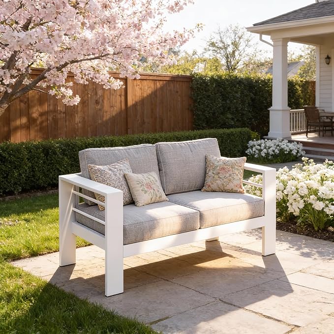 Kiss the Water Outdoor Patio Furniture Loveseat Sofa, All-Weather Metal Aluminum Patio Couch with 5" Thick and Soft Cushion and Wide Arm, Outdoor Couch for Balcony, Porch, Backyard