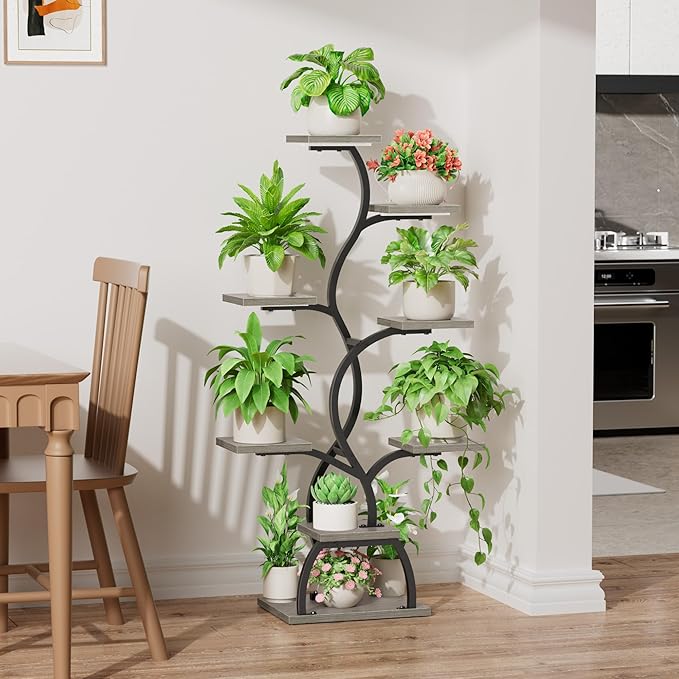 Plant Stand Indoor with Grow Light - 8 Tiered Plant Shelf Indoor, Corner Plant Stand, 49" Tall Plant Shelf with Lights for Indoor Growing, Lighted Flower Holder for Living Room, Balcony (Gray)