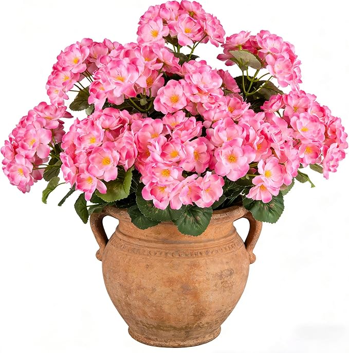 Artificial Geraniums Flowers for Outdoors, 6 Bundles Realistic Silk Fake Geranium, No Fade Faux Plants for Hanging Baskets, Window Boxes, Pots - Porch, Patio, Garden Decor(Pink)