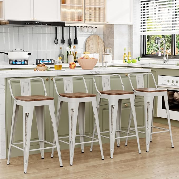 WENTMENT Bar Stools Set of 4, Industrial Style, Metal Frame, Distressed White, Wooden Seat, 24" H x 12.2" W x 15.6" D, 330 lbs Max Weight, Counter Height