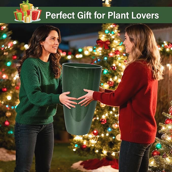 24/21/12 Inch Large Plastic Planter, Lightweight Ceramic-Look Tall Planters with Drain Hole & Saucers, Tall Plastic Planters for Porch, Garden, Patio, Balcony(Dark Green)