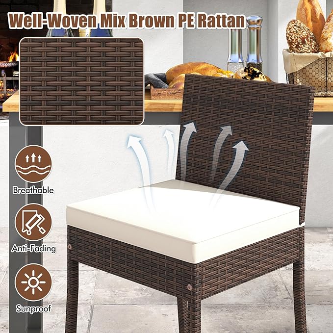 HAPPYGRILL Wicker Patio Barstools Set of 2, Outdoor Rattan Bar Chairs with Footrest & Backrest, Armless High Top Chairs with Seat Cushions for Backyard, Balcony
