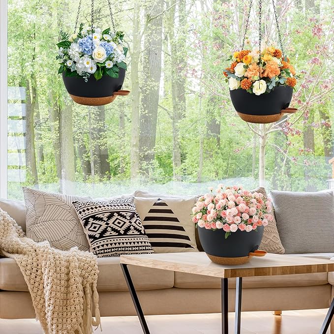 10 inch Hanging Planters for Indoor Plants, 3 Pack Self-Watering Hanging Planter Pots with Chain and Drainage Holes, Outdoor Hanging Baskets for Garden Home Decor (Black With Brown, 3pcs/10inch)