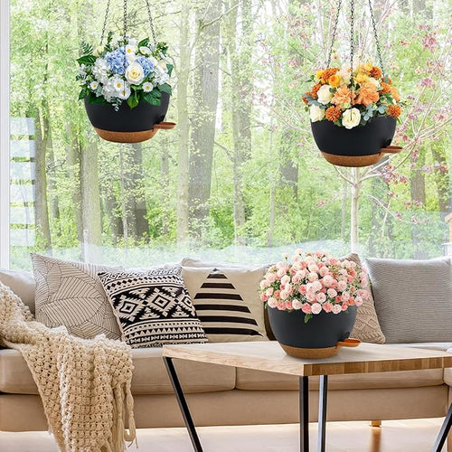 10 inch Hanging Planters for Indoor Plants, 3 Pack Self-Watering Hanging Planter Pots with Chain and Drainage Holes, Outdoor Hanging Baskets for Garden Home Decor (Black With Brown, 3pcs/10inch)