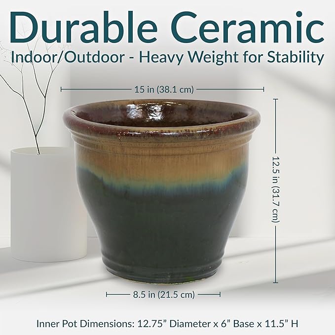 Sunnydaze Large Ceramic Plant Pot - Round Outdoor Glazed Ceramic Planter Pot with Drainage - Studio - Forest Lake Green - 14.5"
