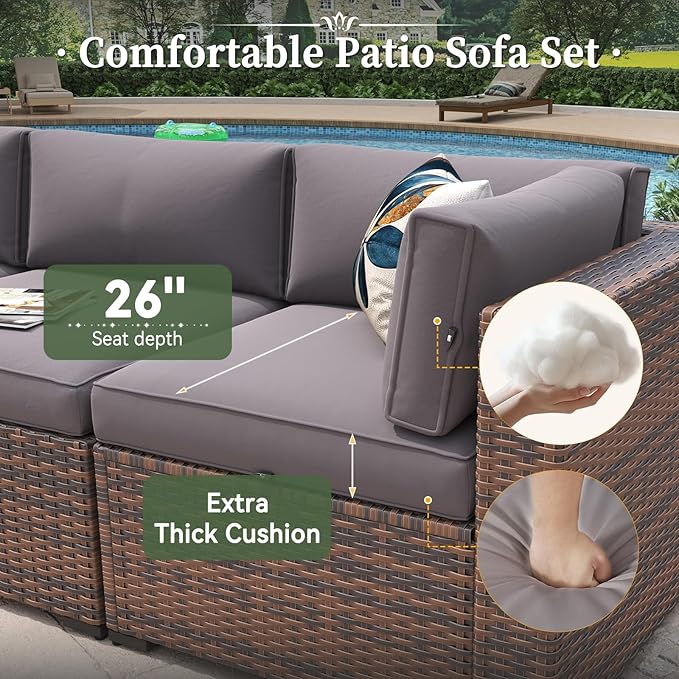 Aoxun 8 Piece Patio Furniture Set with 44” Fire Pit Table Wicker Rattan Outdoor Sectional Sofa Set with Coffee Table and Thickened Cushions, Gray (Waterproof Cover Included)