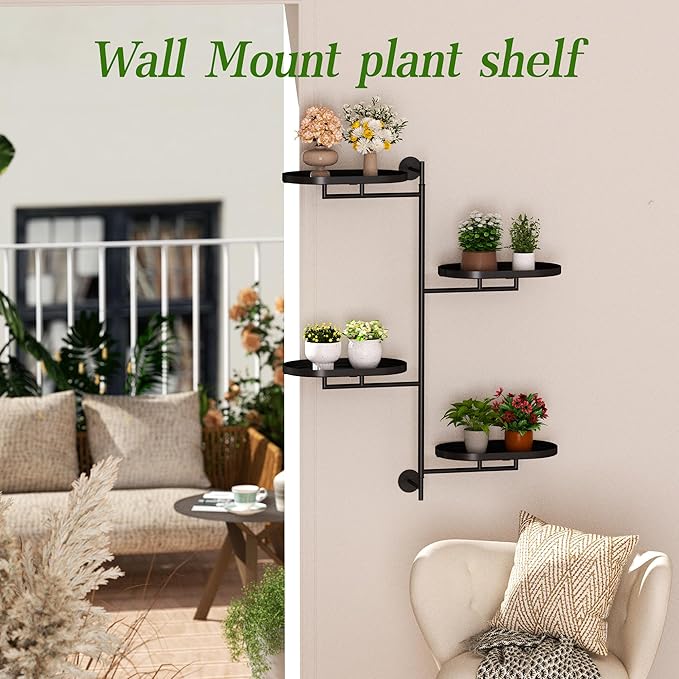 Window Rotating Plant Stand Shelf Indoor Black Metal Floating Shelves 4-Tier Wall Mount Plant hanger Holders for Wall Planter Modern Home Decor window sill gifts