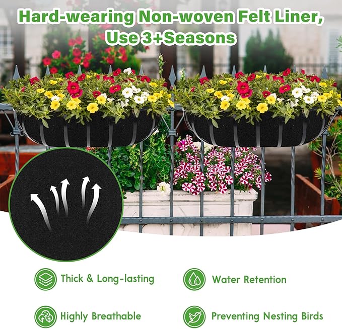 Riare 6 Pack 30 Inch Black Felt Window Box Liners- Fabric Trough Planter Basket Liners Replacement, Non-Woven Hanging Plant Liner for Wall Hanging Basket, Garden Fence Railing (Avoid Bird Nesting)