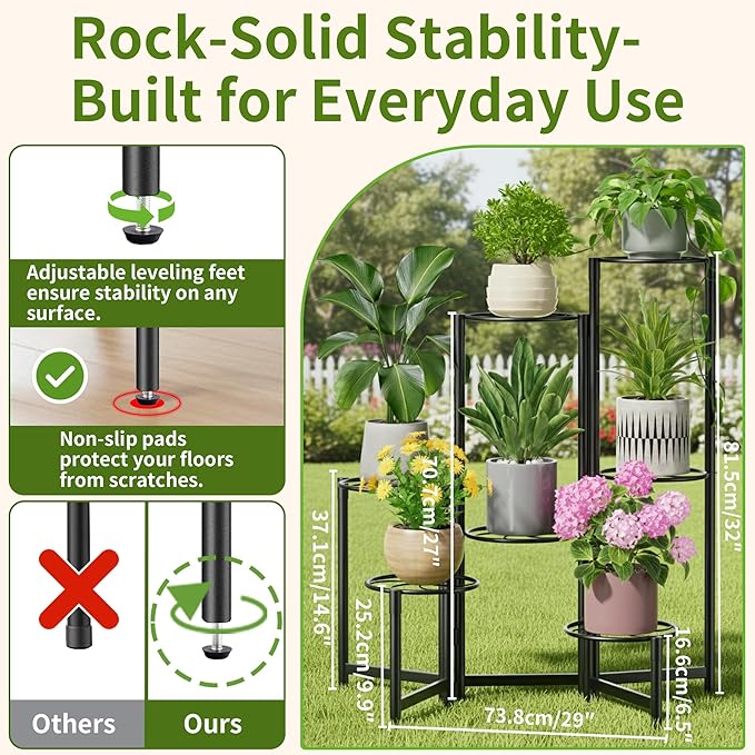 Corner Shelf Patio 7 Tier Metal Plant Stand Indoor Outdoor Tall Metal Flower Pot Stands for Multiple Plants Heavy Duty Plant Shelf Black Kite