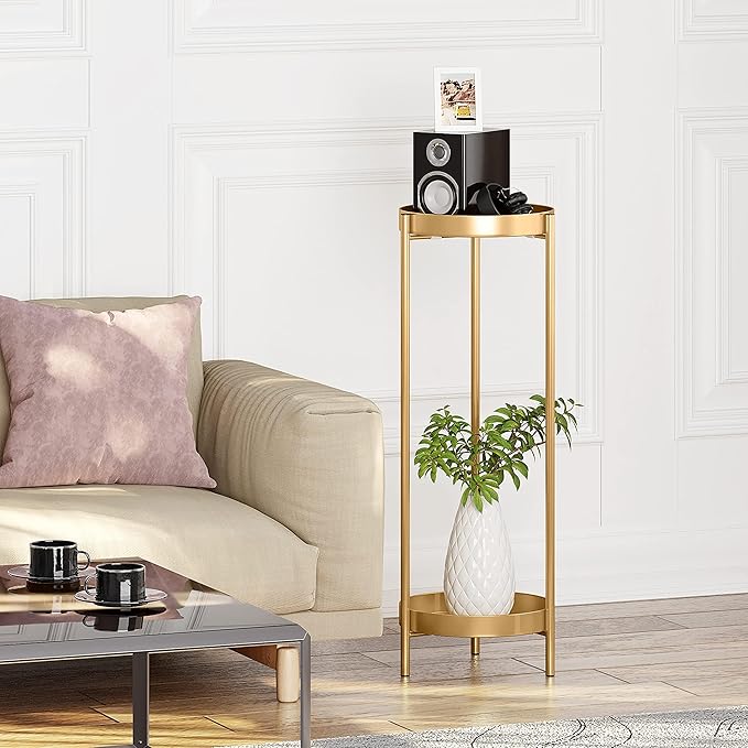 Metal Gold Tall Plant Stand Indoor or Outdoor - 30 inch 2 Tier Modern Corner Planter Shelf Rack with 2 Removable Display Shelves(10 inch) for Bedroom Living Room Balcony