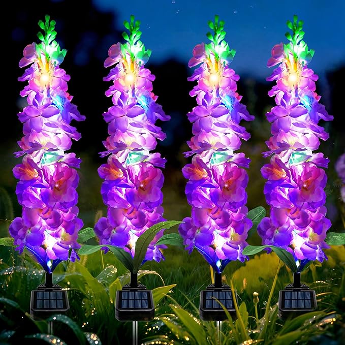 Solar Garden Lights, Solar Purple Delphinium Flowers Lights 4 Pack 80 LEDs, Waterproof Outdoor Light Two Lighting Modes for Outside Wedding Party Garden Yard Patio Lawn Decor