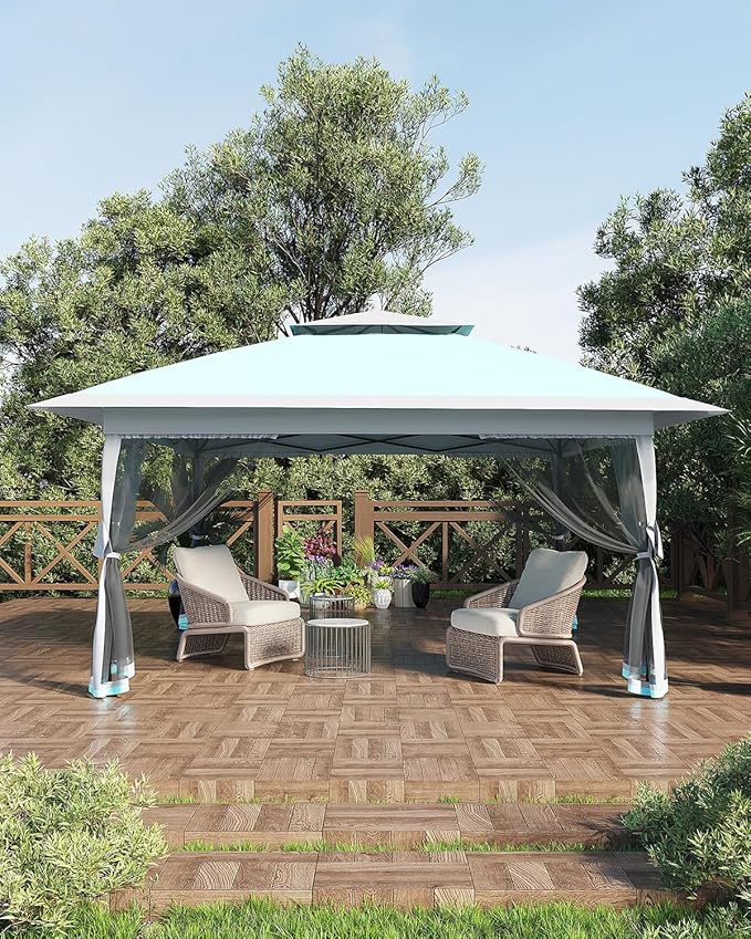 Canopy Tent 13x13 ft, Pop Up Gazebo One-Push Setup with 4 SandBags for Backyard Parties and BBQs, Mosquito Netting & Height Adjustable - Lake Blue